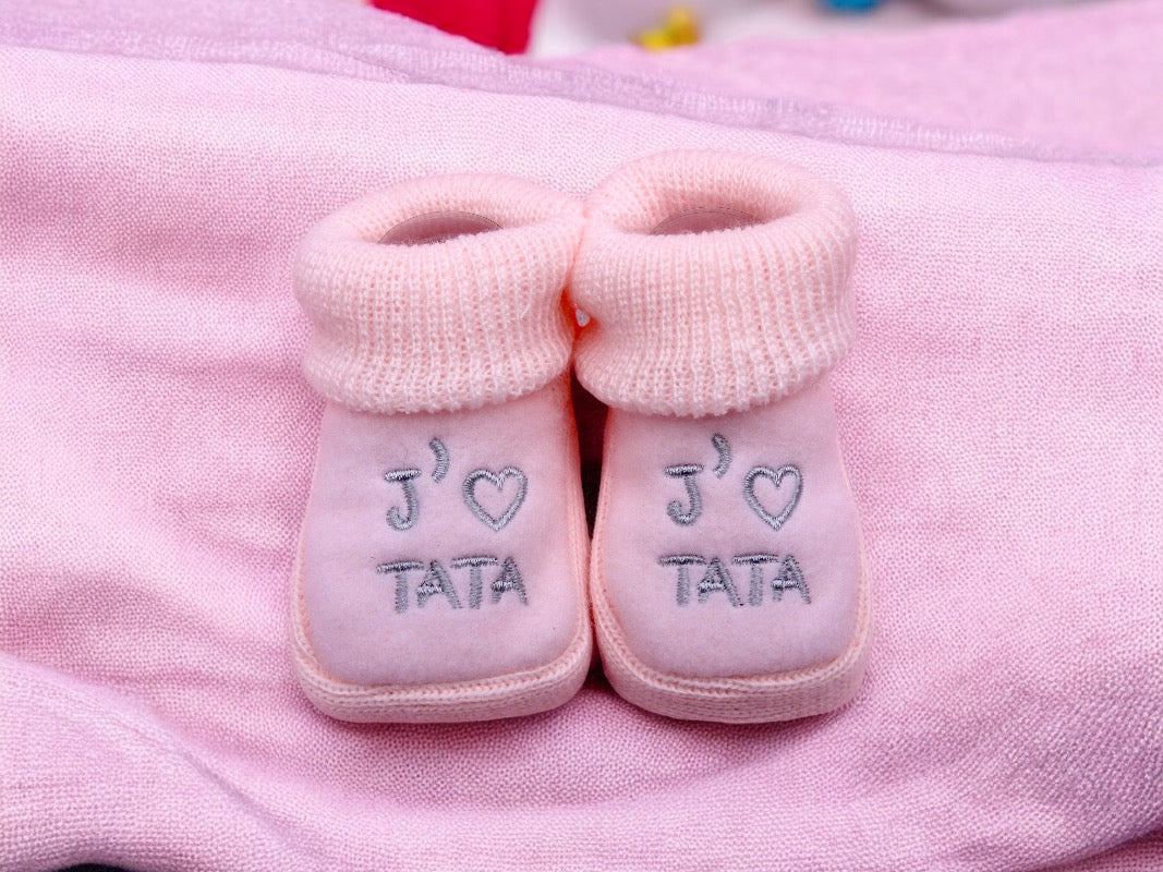 Baby Booties - Tata Embroidered Birth Layette / Pregnancy Birth Announcement