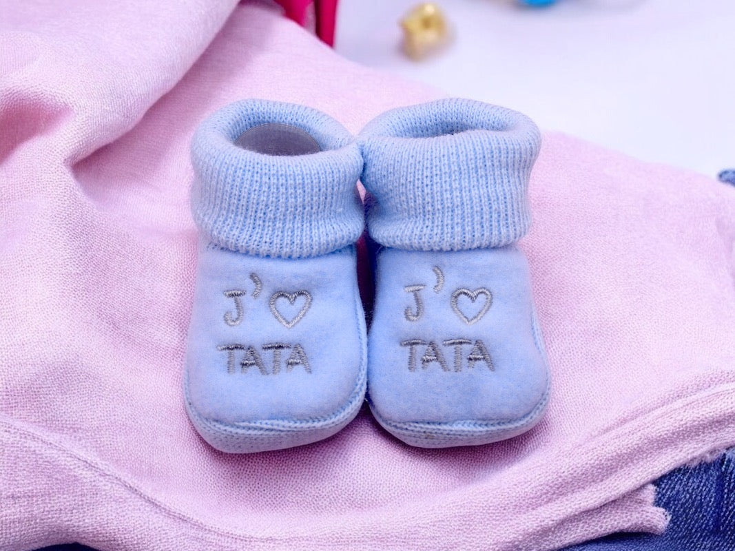 Baby Booties - Tata Embroidered Birth Layette / Pregnancy Birth Announcement