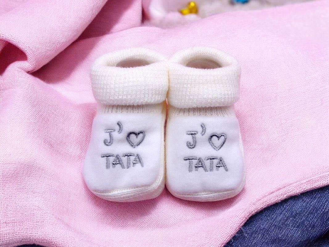 Baby Booties - Tata Embroidered Birth Layette / Pregnancy Birth Announcement