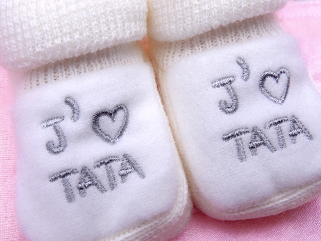 Baby Booties - Tata Embroidered Birth Layette / Pregnancy Birth Announcement