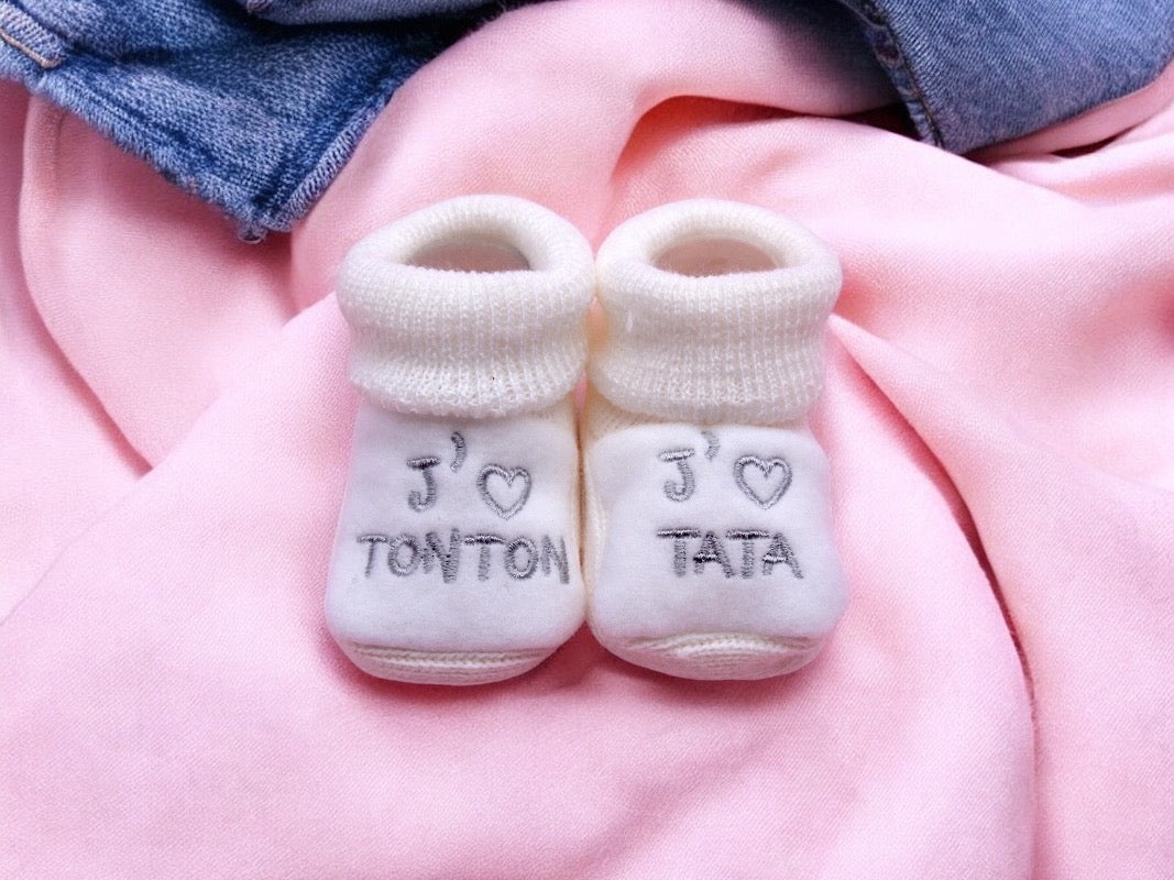 Baby Booties - Tata Tonton Embroidered Birth Layette / Pregnancy Birth Announcement