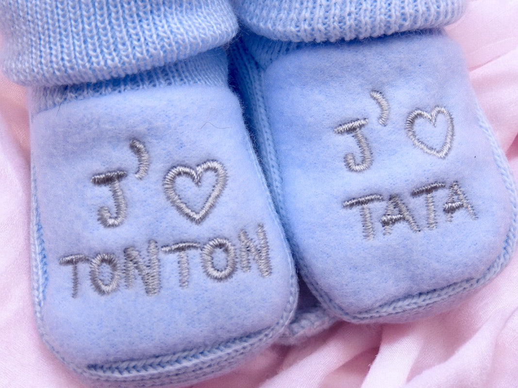 Baby Booties - Tata Tonton Embroidered Birth Layette / Pregnancy Birth Announcement