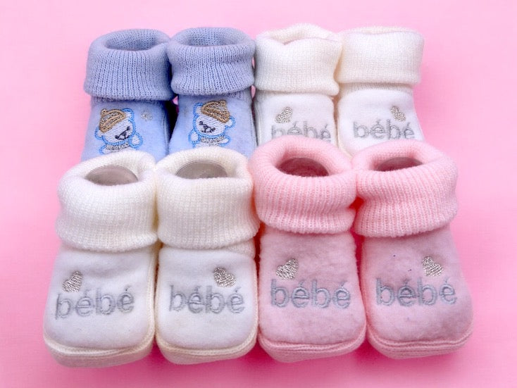 Baby Booties - Embroidered Baby or Bear Birth Layette / Pregnancy Birth Announcement