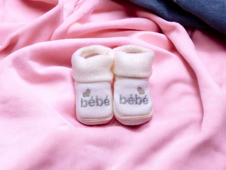 Baby Booties - Embroidered Baby or Bear Birth Layette / Pregnancy Birth Announcement