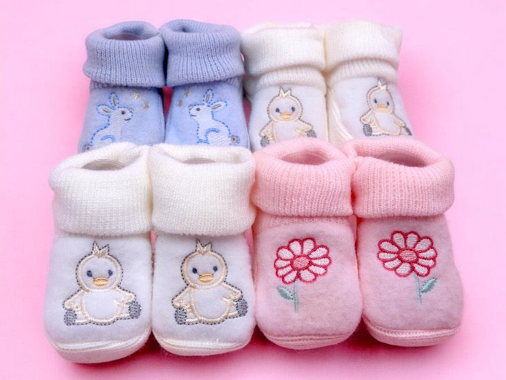 Baby Booties - Embroidered Animals Birth Layette / Pregnancy Birth Announcement