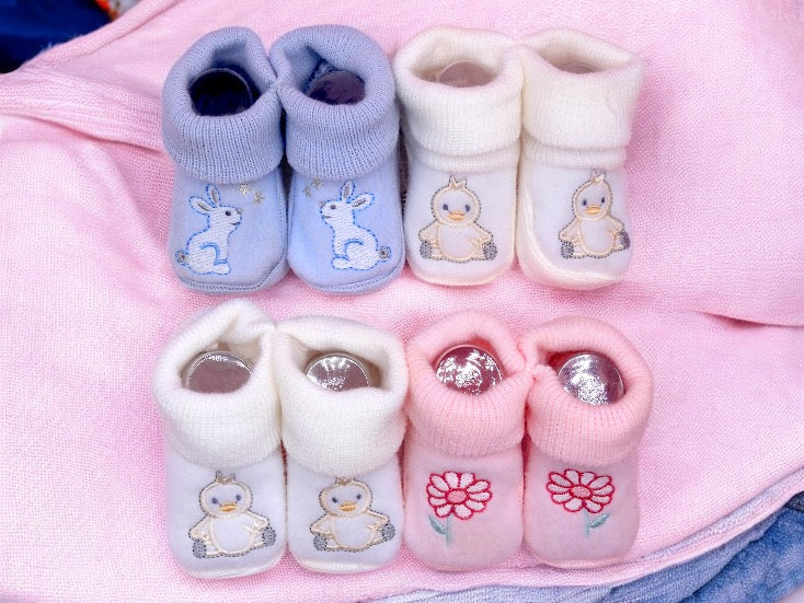 Baby Booties - Embroidered Animals Birth Layette / Pregnancy Birth Announcement