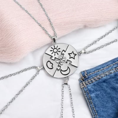 Lot de 4 Colliers D'amitié - Etoile Lune Soleil Nuage - BFF - Best Friends Forever - Pendentif Puzzle Rond - Mignon - Amitié - À Partager