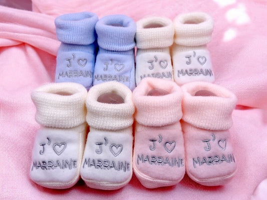 Chaussons Bébé - Taille 0-6 Mois - J'aime Marraine - Brodés Naissance Layette - Annonce Grossesse - Baptêmes - Filleul - Filleule