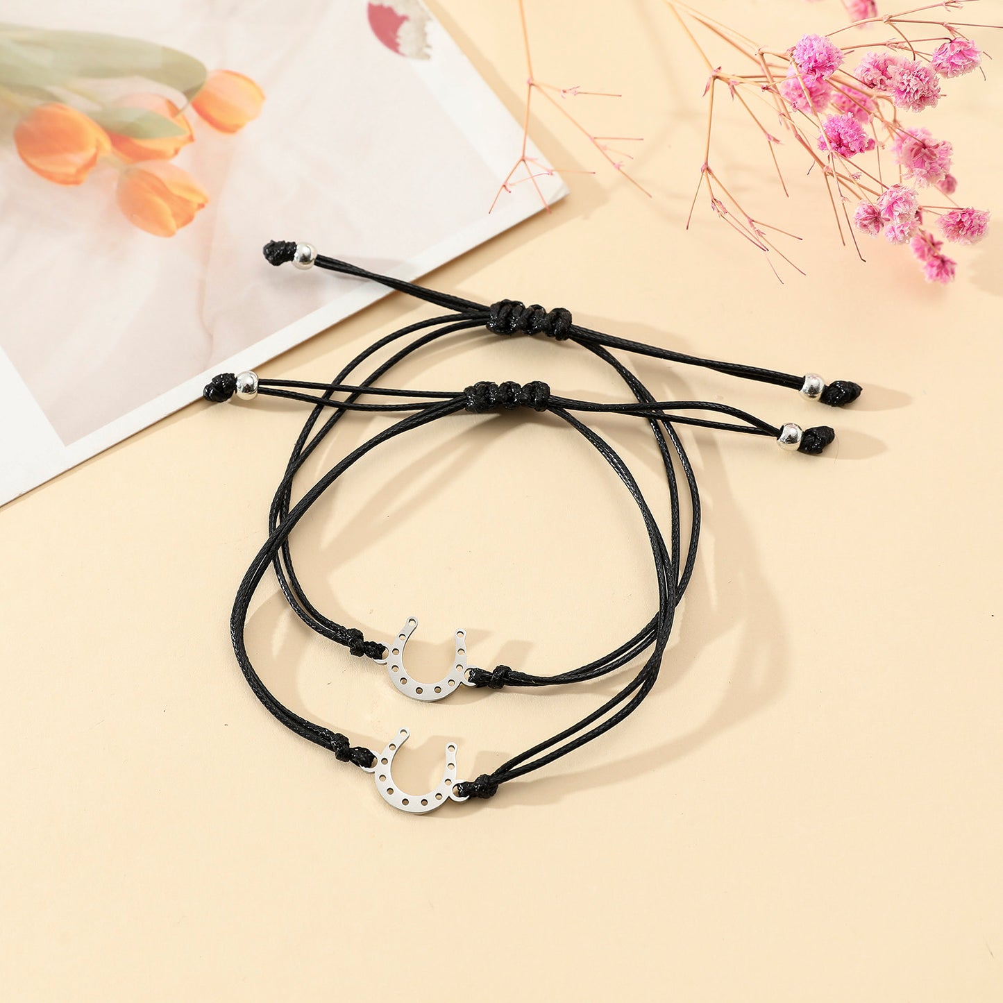 Lot de 2 Bracelets BFF Cordon Réglable avec Carte - Fer à cheval - Best Friends Forever - Acier Inoxydable