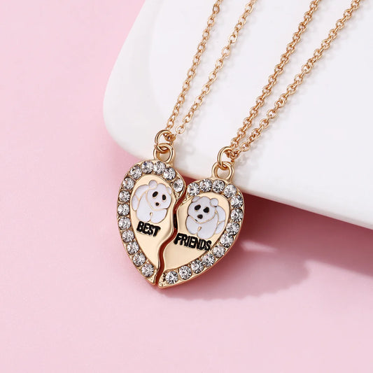 Lot de 2 Colliers BFF - Coeur Aimanté Panda Ours - Best Friends Forever - Pendentif et Chaine Argenté Doré - Amitié