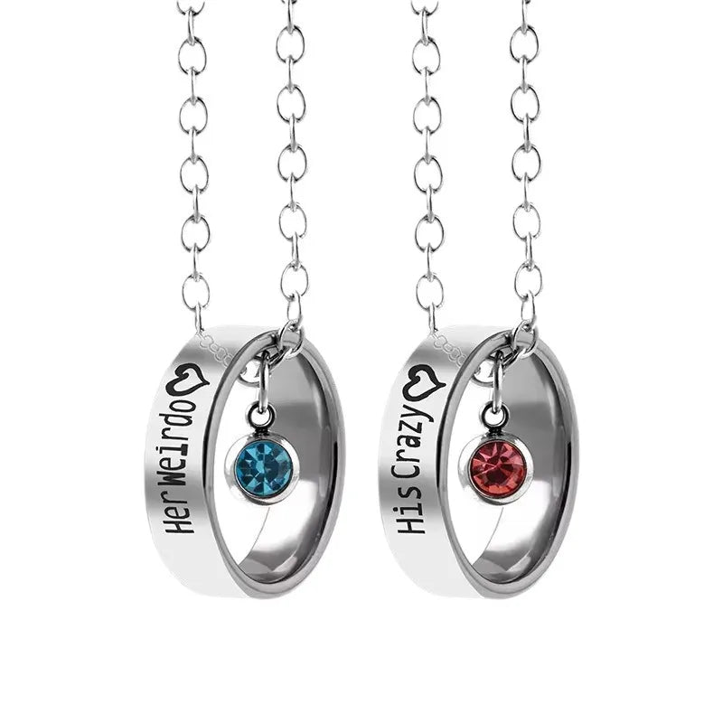 Lot de 2 Colliers D'amitié Couple - Anneaux "His Crazy" "Her Weirdo" - BFF - Best Friends - Amoureux - Pendentif Chaine Argenté - Acier Inoxydable