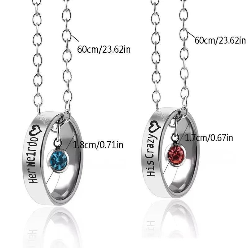 Lot de 2 Colliers D'amitié Couple - Anneaux "His Crazy" "Her Weirdo" - BFF - Best Friends - Amoureux - Pendentif Chaine Argenté - Acier Inoxydable