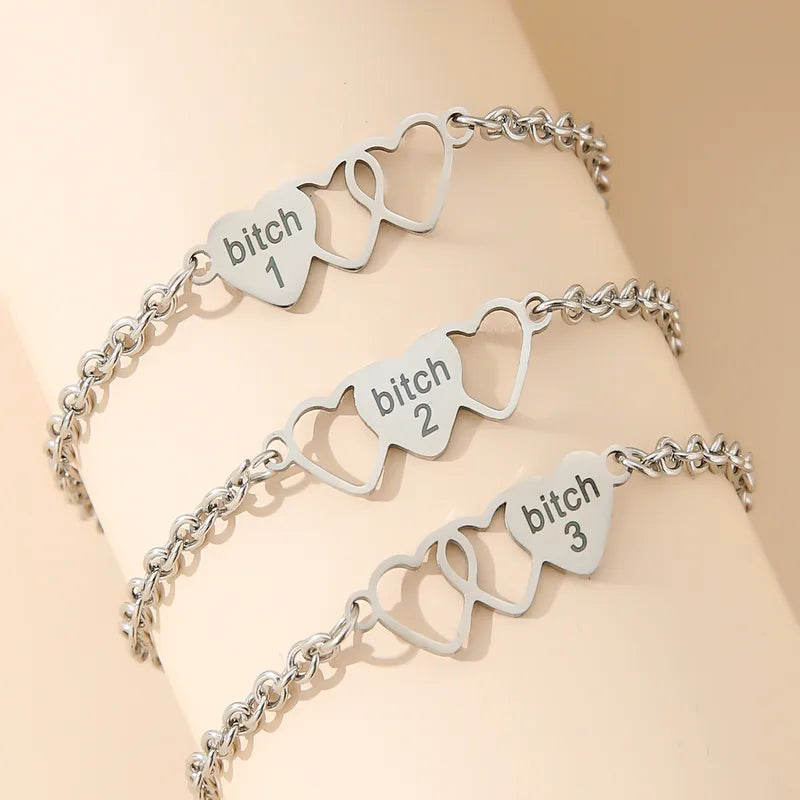 Lot de 3 Bracelets Maillons D'amitié - 3 Petits Coeurs Bitch - BFF - Best Friends Forever - Fantaisie - Mignon - Acier Inoxydable