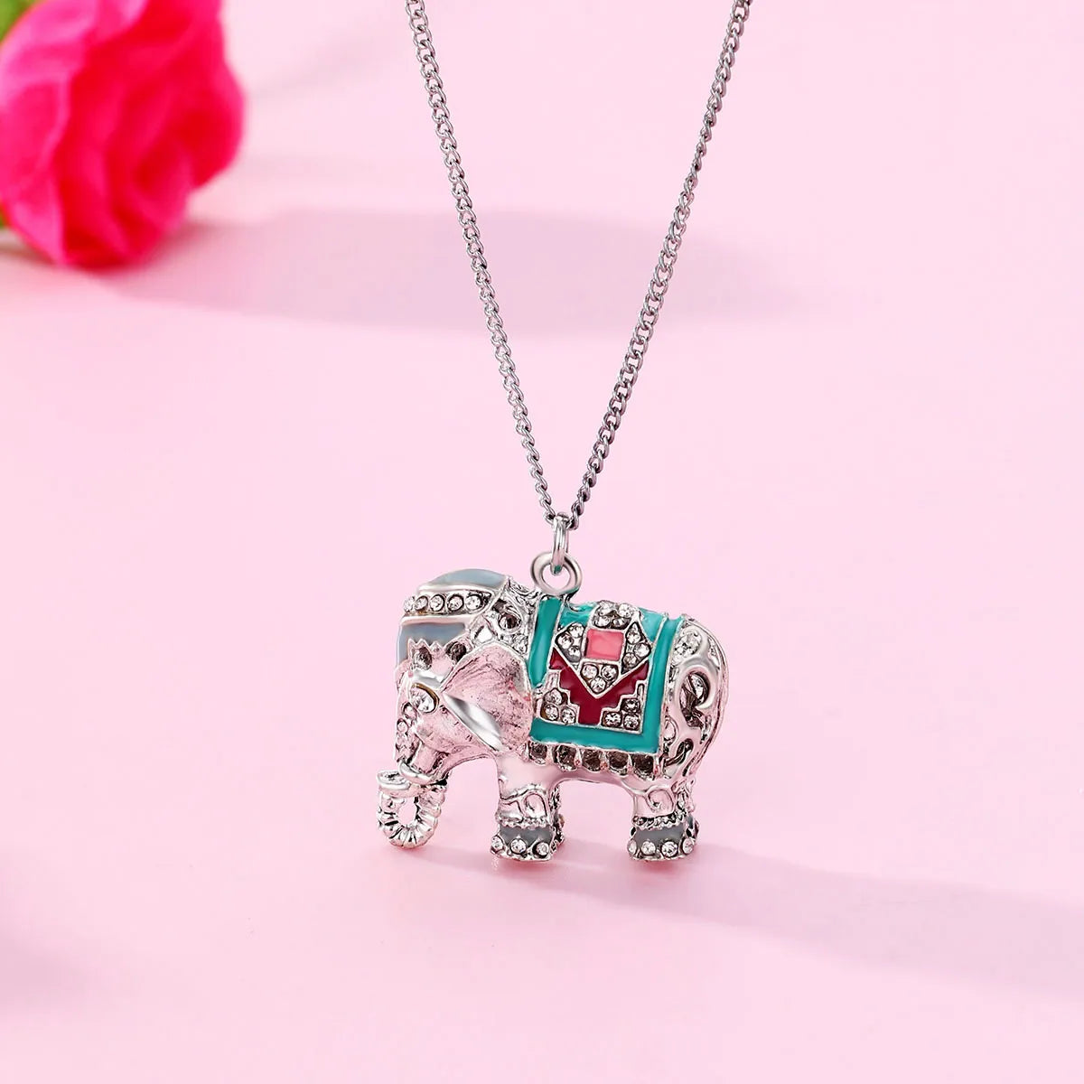 Collier avec Carte - Eléphant - Strass - Pendentif - Fantaisie - Alliage Doré Argenté