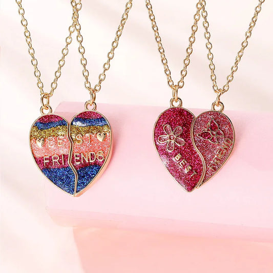 CHILDREN - Set of 2 Glitter Heart Friendship Necklace Chains - BFF Best Friends Forever - Fancy - Magnetic Pendant with Gold Chain
