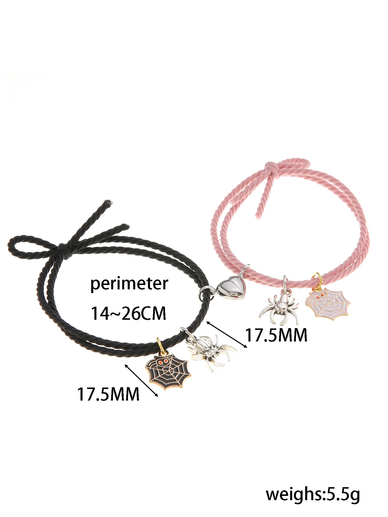 Lot de 2 Bracelets D'amitié Cordon Elastique - Toile Arraignée - Coeur Aimanté - BFF - Best Friends Forever - Amitié - Couple