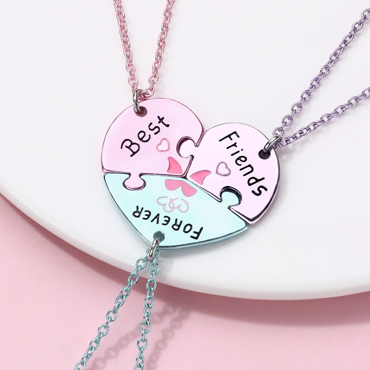 Set of 3 Heart Friendship Necklace Chains - BFF Best Friends Forever - Fancy - Silver Pendant and Chain