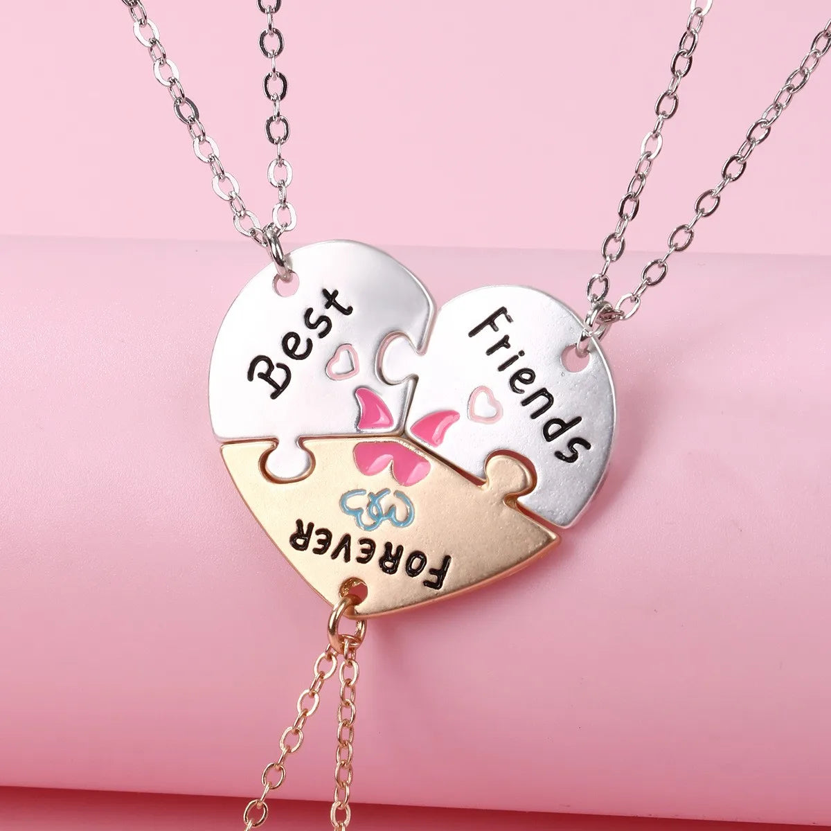 Set of 3 Heart Friendship Necklace Chains - BFF Best Friends Forever - Fancy - Silver Pendant and Chain