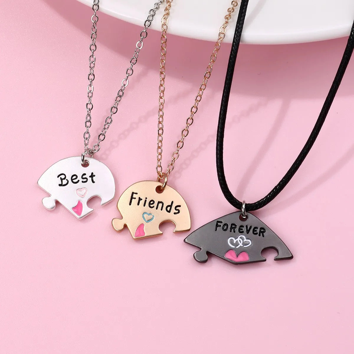 Set of 3 Heart Friendship Necklace Chains - BFF Best Friends Forever - Fancy - Silver Pendant and Chain