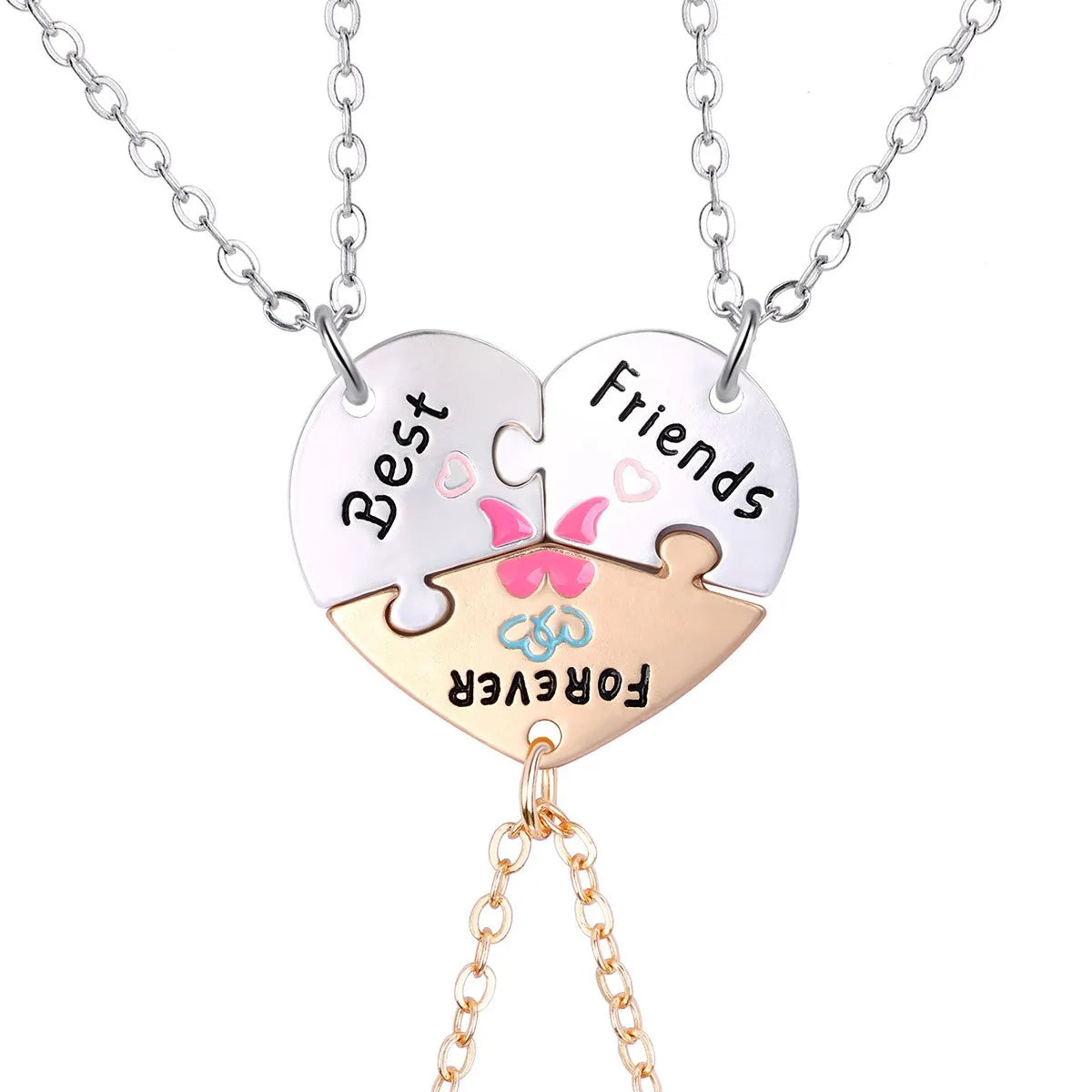 Set of 3 Heart Friendship Necklace Chains - BFF Best Friends Forever - Fancy - Silver Pendant and Chain