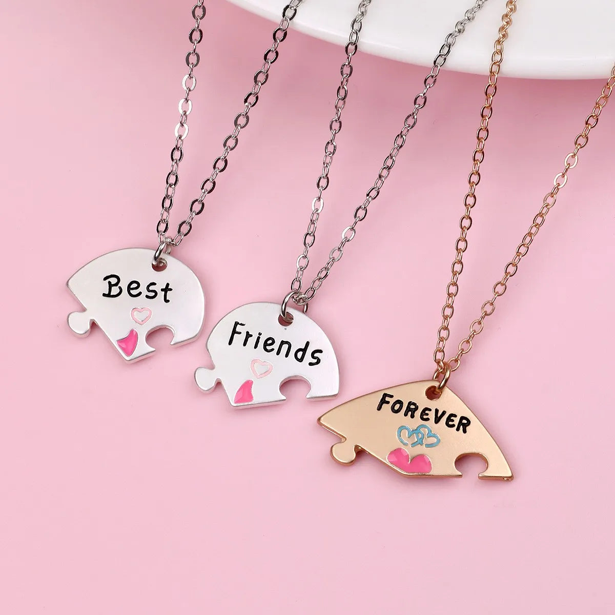 Set of 3 Heart Friendship Necklace Chains - BFF Best Friends Forever - Fancy - Silver Pendant and Chain