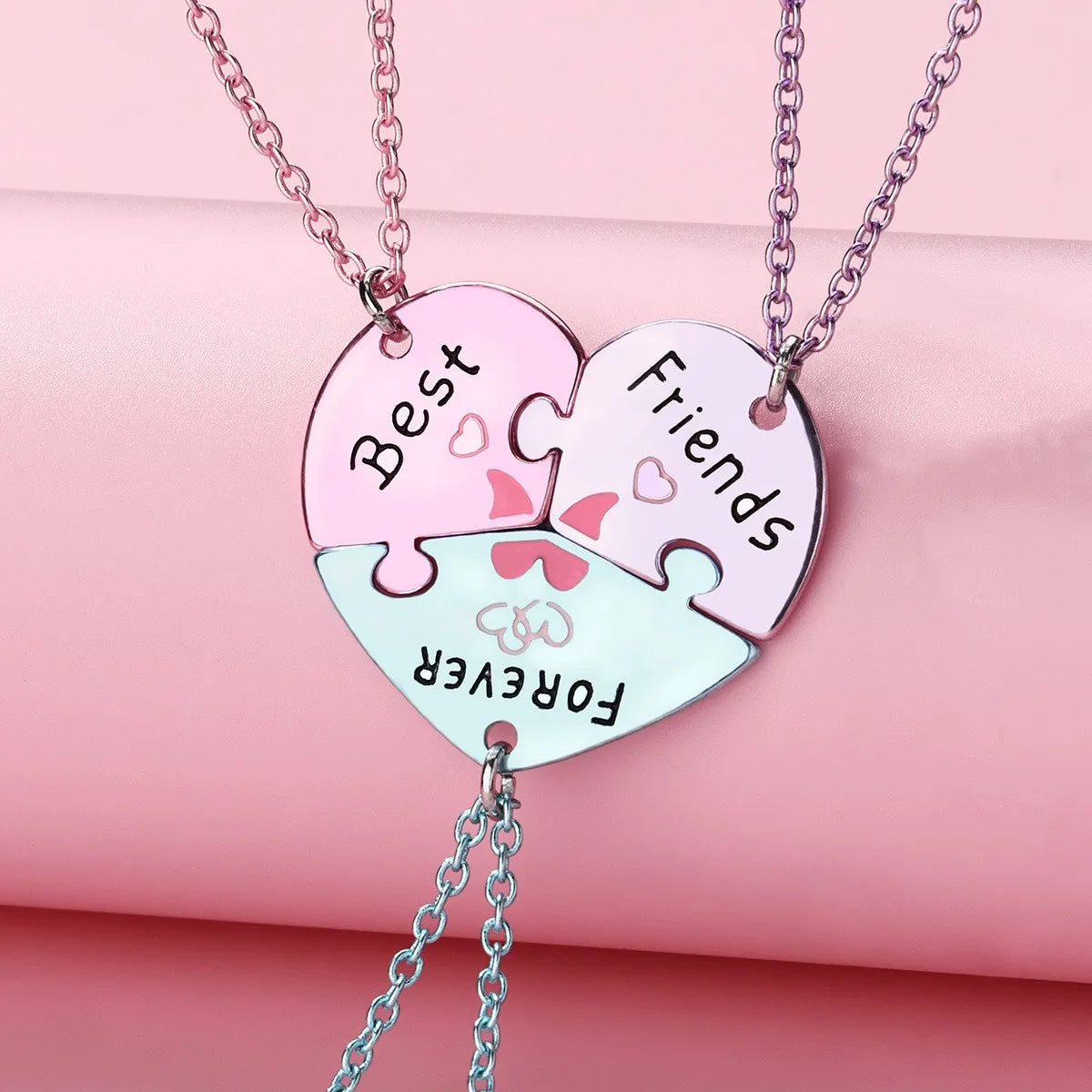 Set of 3 Heart Friendship Necklace Chains - BFF Best Friends Forever - Fancy - Silver Pendant and Chain