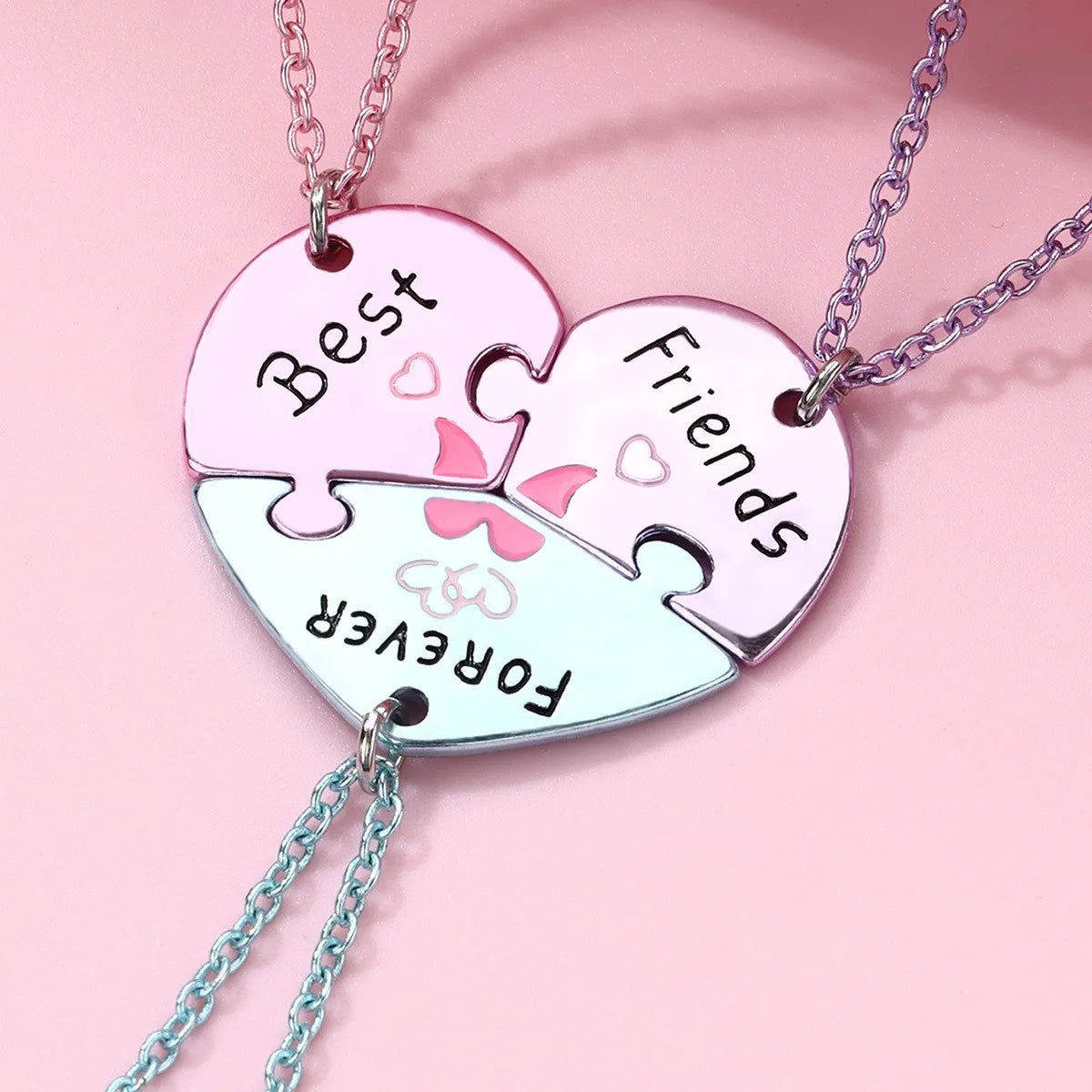 Set of 3 Heart Friendship Necklace Chains - BFF Best Friends Forever - Fancy - Silver Pendant and Chain