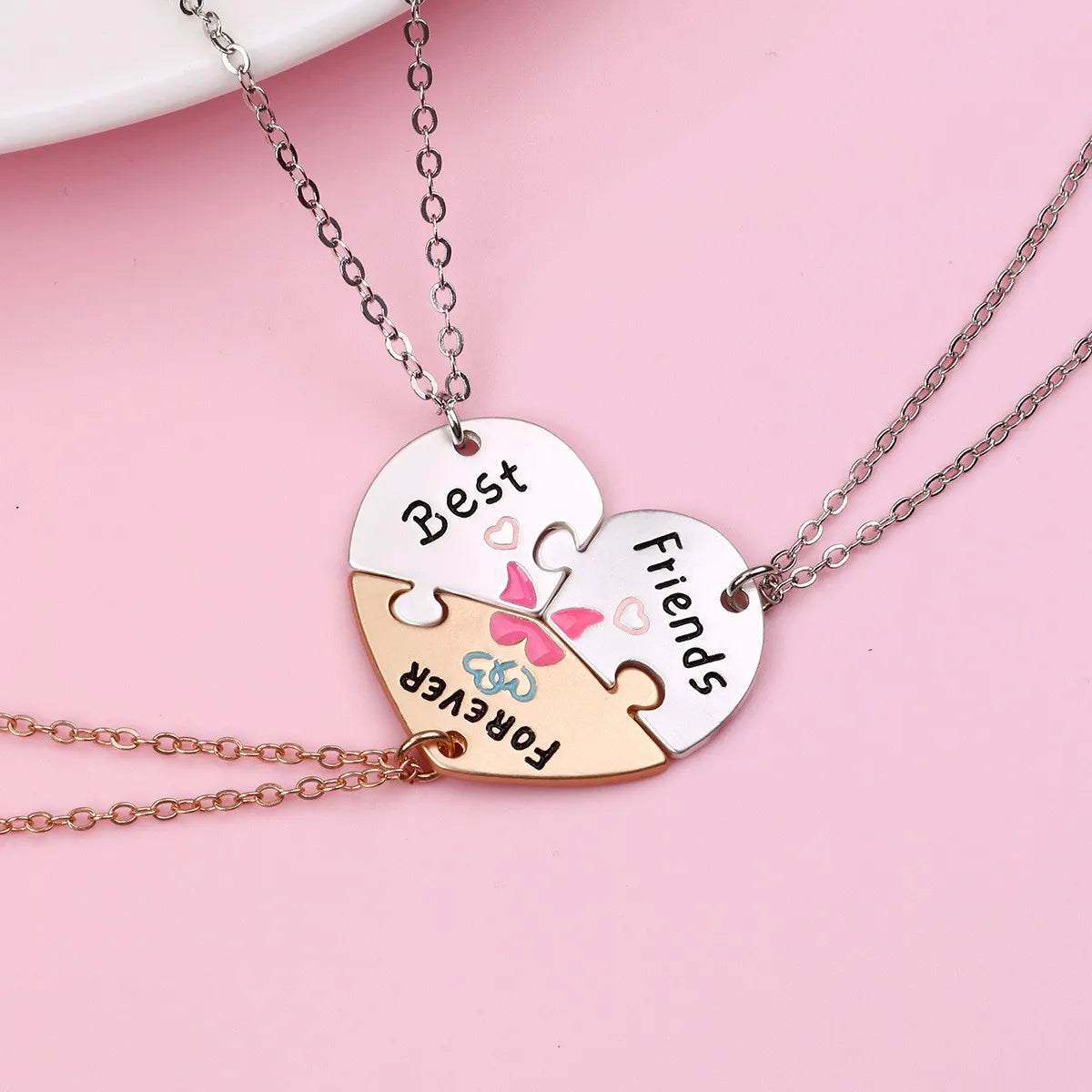 Set of 3 Heart Friendship Necklace Chains - BFF Best Friends Forever - Fancy - Silver Pendant and Chain