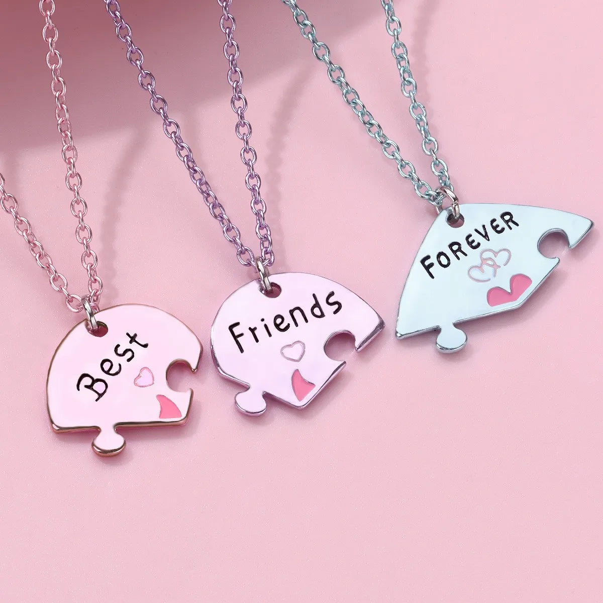 Set of 3 Heart Friendship Necklace Chains - BFF Best Friends Forever - Fancy - Silver Pendant and Chain