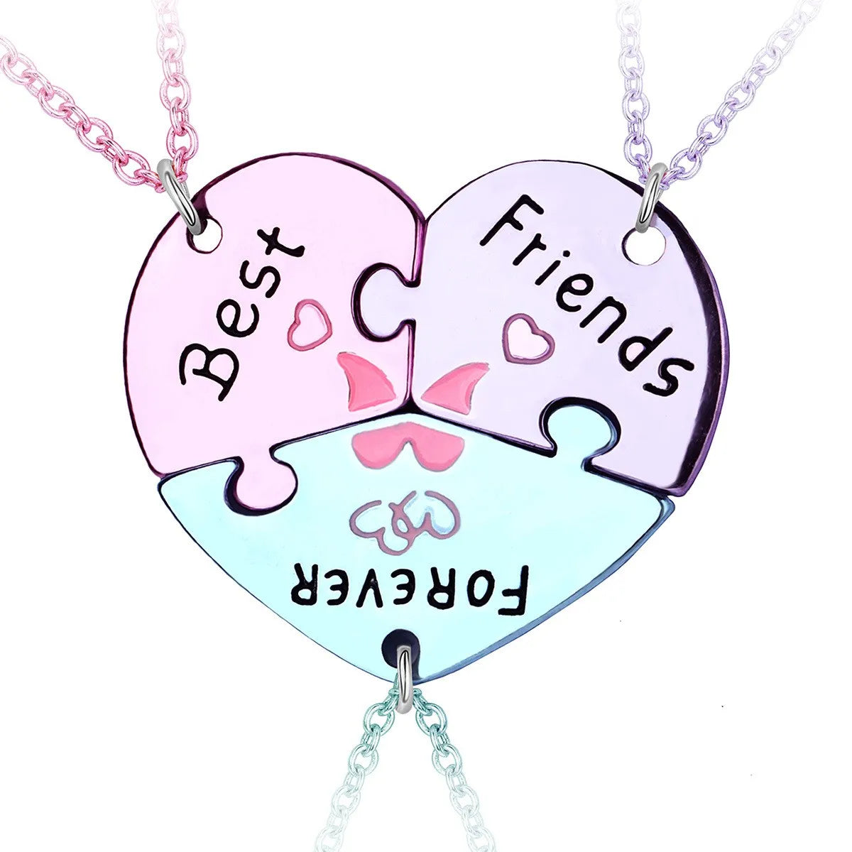 Set of 3 Heart Friendship Necklace Chains - BFF Best Friends Forever - Fancy - Silver Pendant and Chain