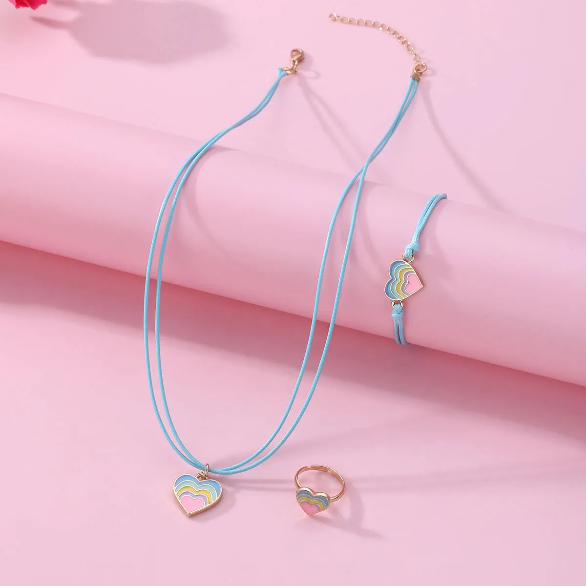 Parure 3 pièces avec Carte - Collier Bracelet Bague - Coeur Arc en Ciel - Pastels - Mignon Doré