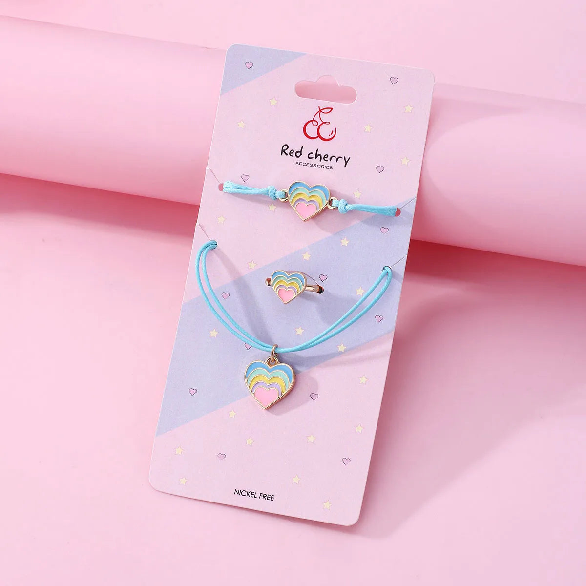 Parure 3 pièces avec Carte - Collier Bracelet Bague - Coeur Arc en Ciel - Pastels - Mignon Doré