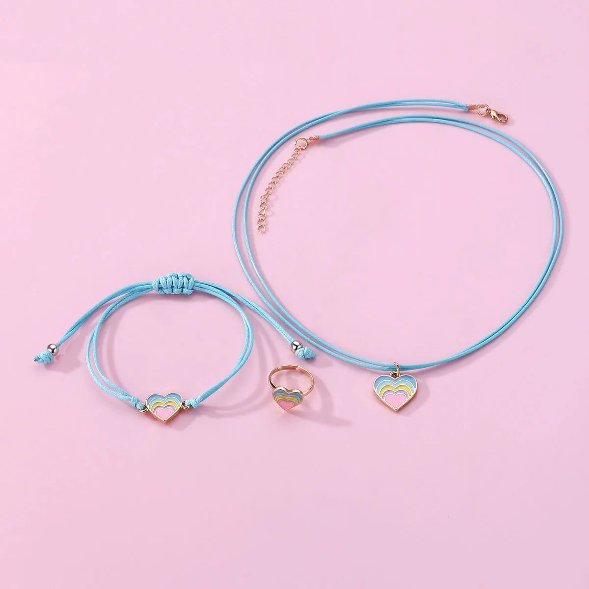 Parure 3 pièces avec Carte - Collier Bracelet Bague - Coeur Arc en Ciel - Pastels - Mignon Doré