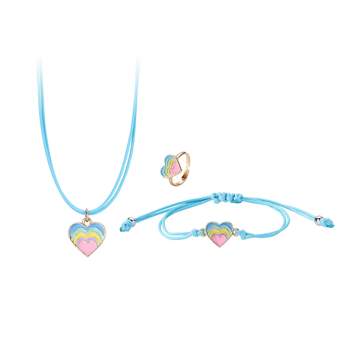 Parure 3 pièces avec Carte - Collier Bracelet Bague - Coeur Arc en Ciel - Pastels - Mignon Doré