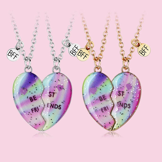 CHILDREN - Set of 2 Chains Friendship Necklaces Cat Unicorn &amp; Heart - BFF Best Friends Forever - Fantasy - Rainbow Resin Pendant