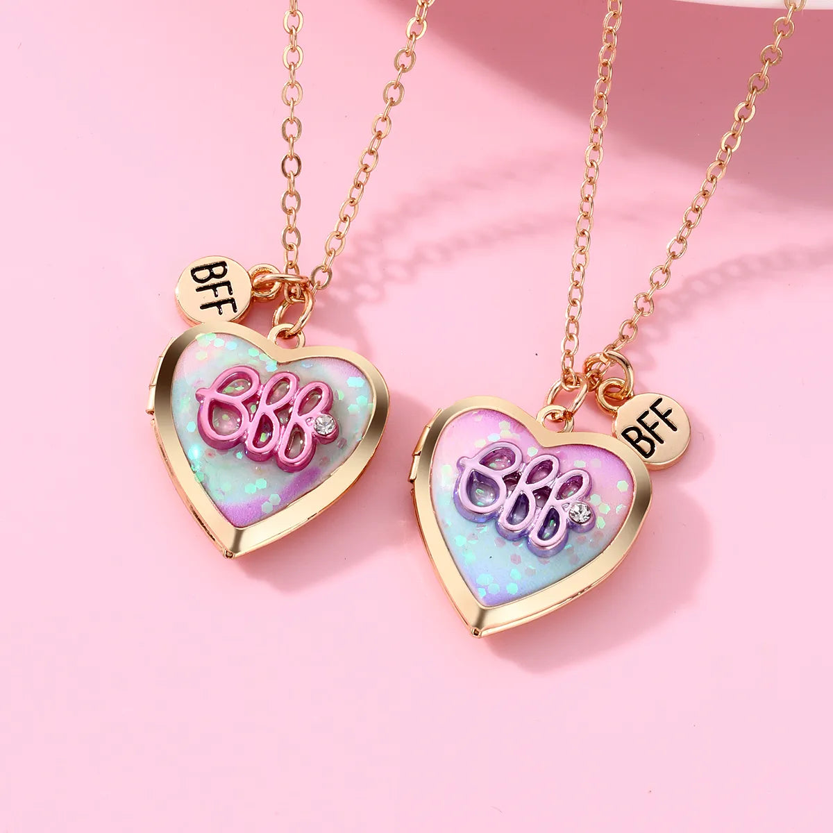 Set of 2 Chains Friendship Necklaces Heart Rainbow Clouds - BFF Best Friends Forever Lovers or Couple - Fantasy - Pendant