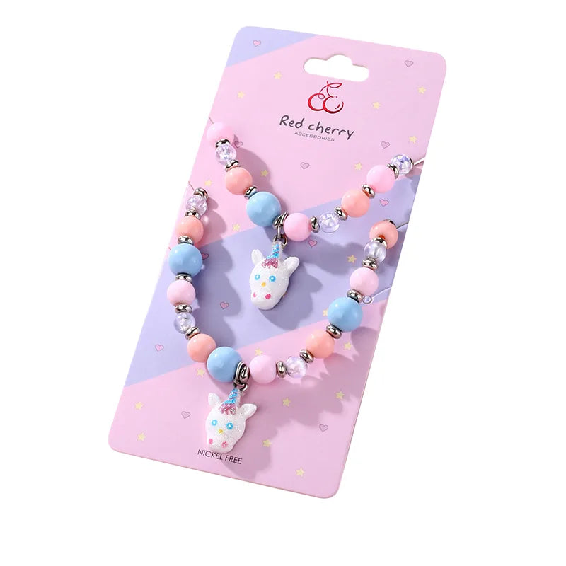 Parure 2 pièces avec Carte - Collier Bracelet - Licorne Couleurs Pastels - Multicouleurs - Mignon Argenté