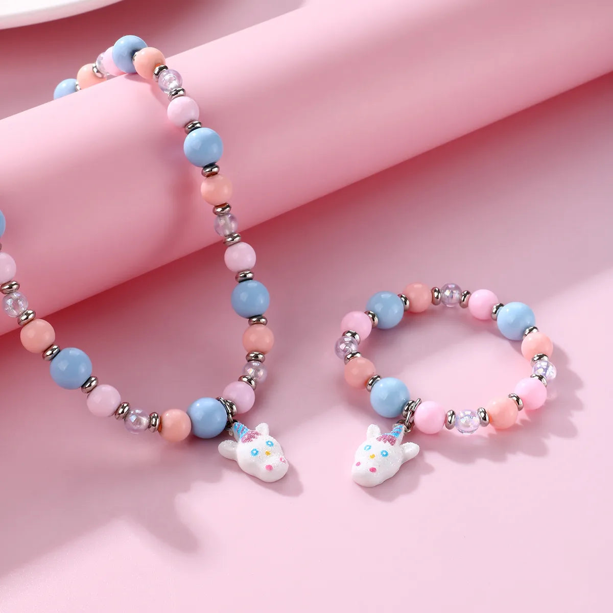 Parure 2 pièces avec Carte - Collier Bracelet - Licorne Couleurs Pastels - Multicouleurs - Mignon Argenté