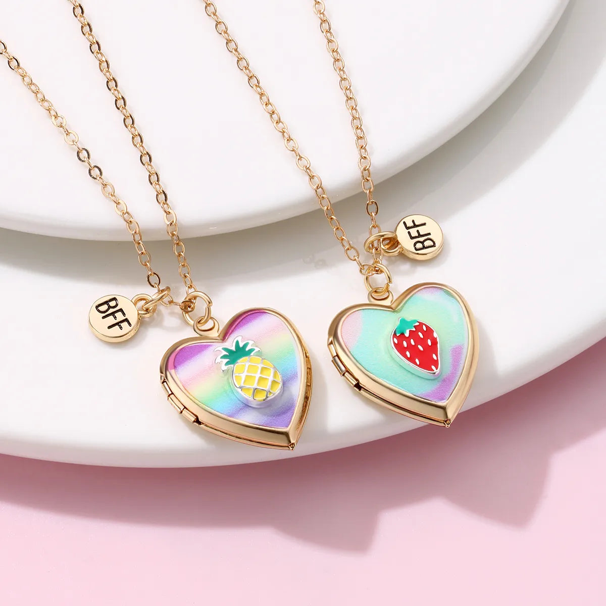 Set of 2 Chains Friendship Necklaces Heart Rainbow Clouds - BFF Best Friends Forever Lovers or Couple - Fantasy - Pendant