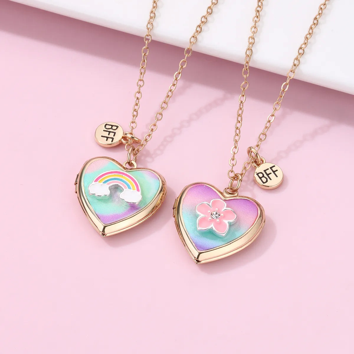 Set of 2 Chains Friendship Necklaces Heart Rainbow Clouds - BFF Best Friends Forever Lovers or Couple - Fantasy - Pendant