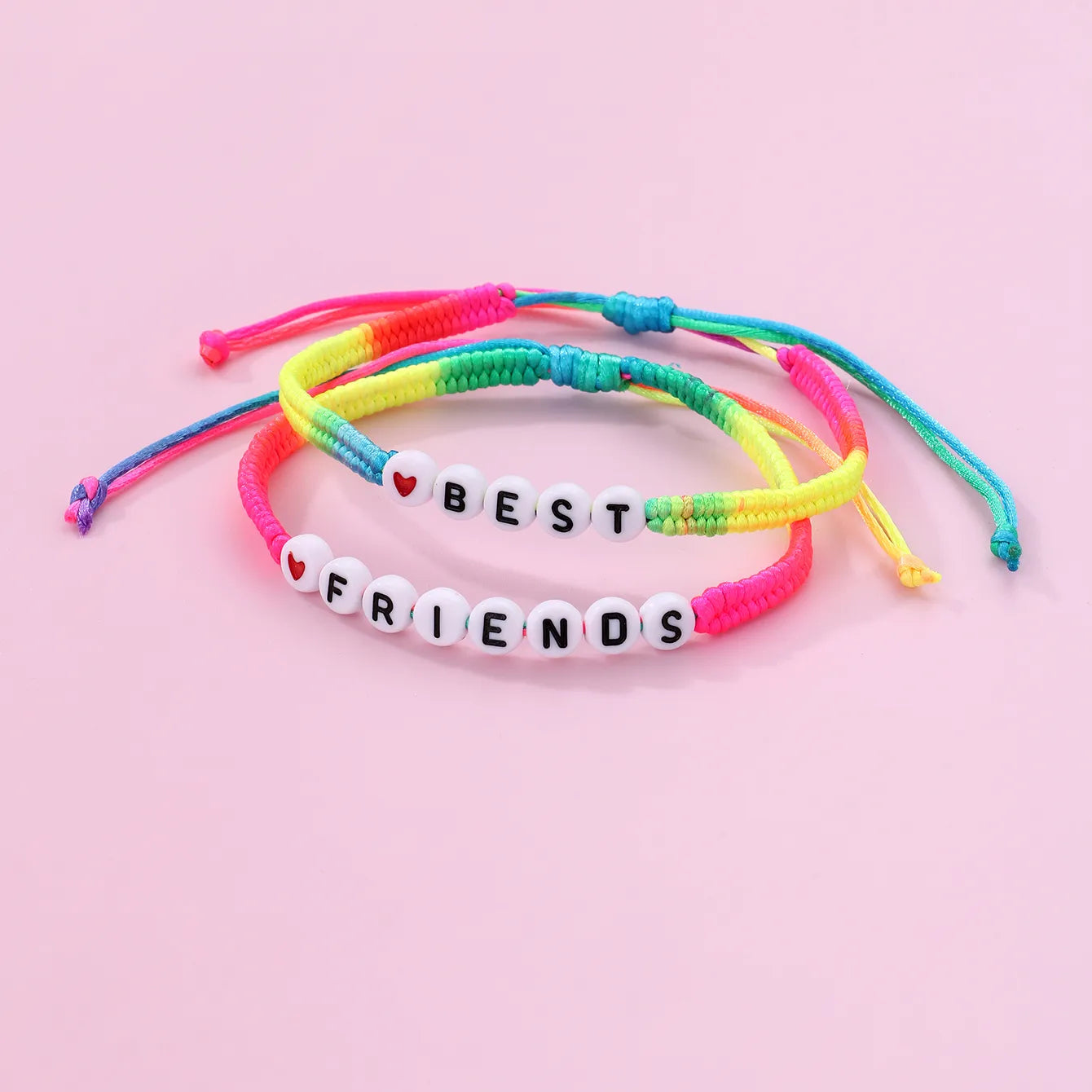 Set of 2 Adjustable Cord Bracelets Friendship Heart with Beads - BFF Best Friends Forever - Fantasy - Beads