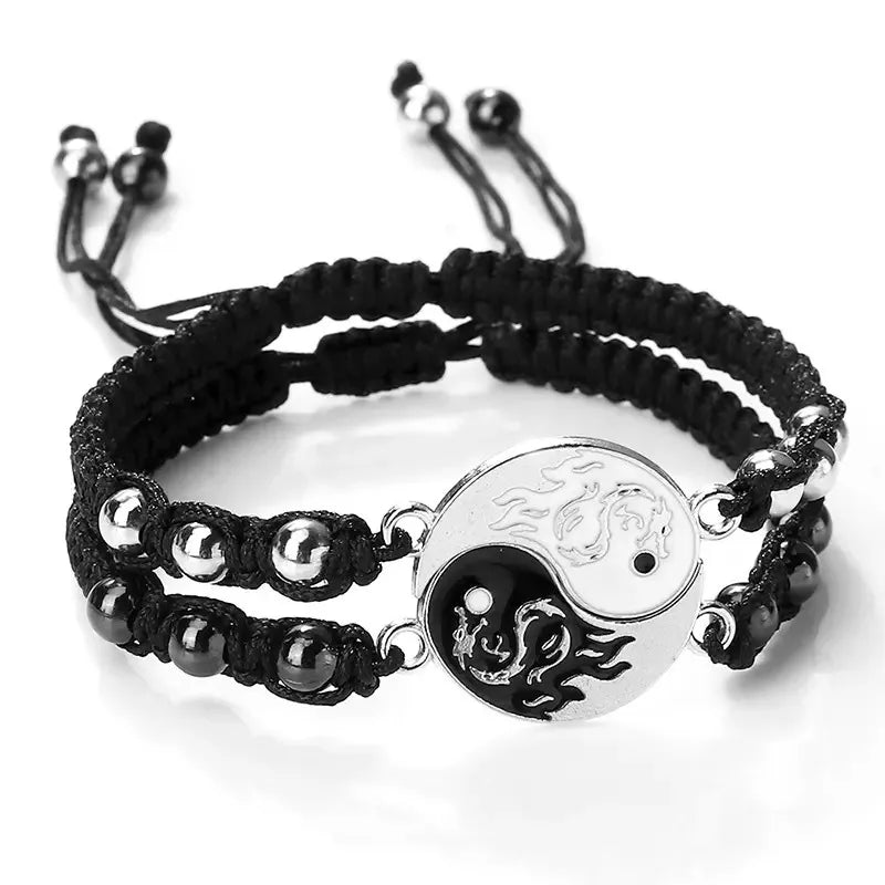 Lot de 2 Bracelets D'amitié Cordon Réglable - Ying Yang Tai Chi Dragon - BFF - Best Friends Forever - Amoureux Couple Amitié