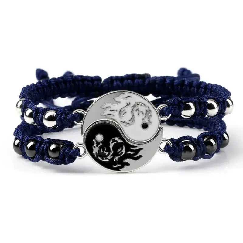 Lot de 2 Bracelets D'amitié Cordon Réglable - Ying Yang Tai Chi Dragon - BFF - Best Friends Forever - Amoureux Couple Amitié