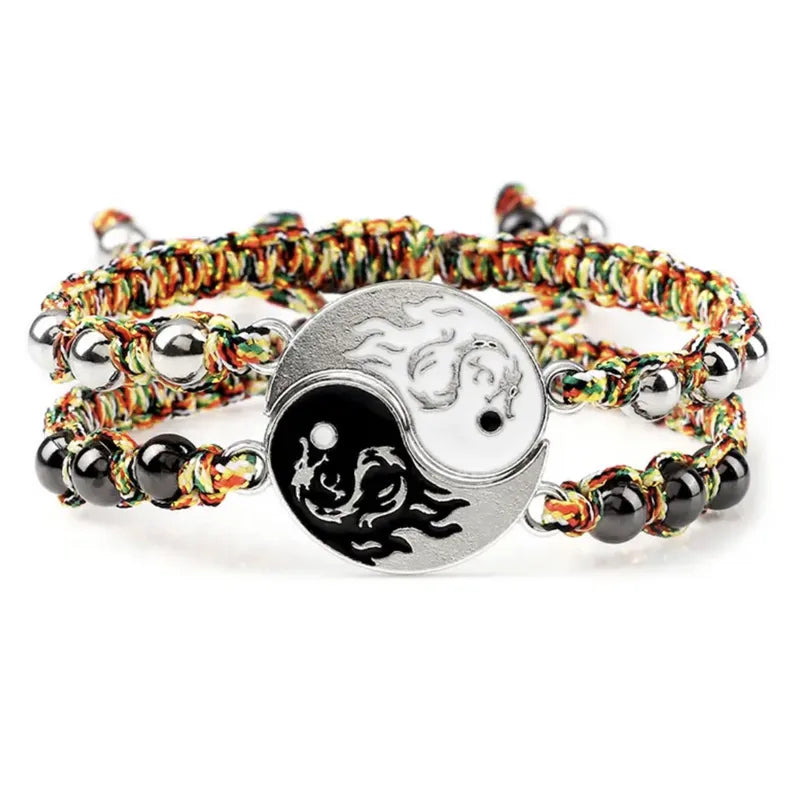 Lot de 2 Bracelets D'amitié Cordon Réglable - Ying Yang Tai Chi Dragon - BFF - Best Friends Forever - Amoureux Couple Amitié
