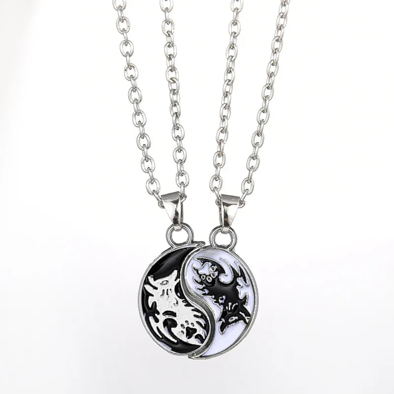 Lot de 2 Colliers D'amitié - Ying Yang Dragons - BFF - Best Friends Forever - Pendentif Argenté - Amoureux Couple Amitié