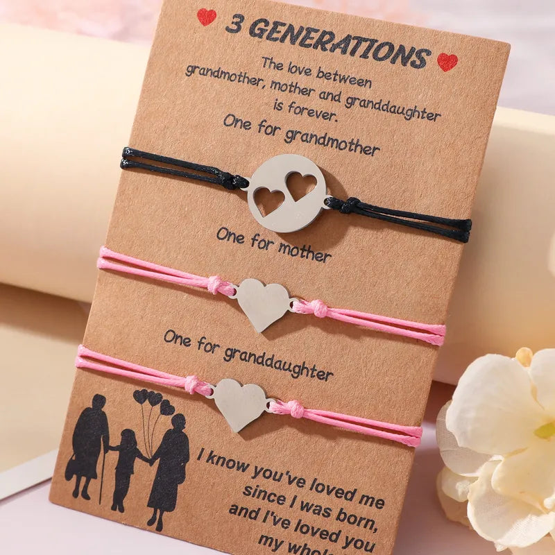 Lot de 3 Bracelets Cordon Réglable avec Carte - Grand-Mère Mère Fille - Famille - Parents Enfant Maman - Pendentif Coeur - Acier Inoxydable