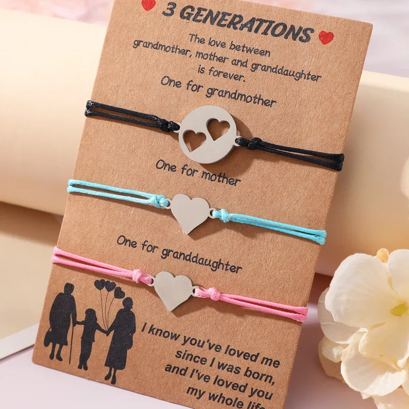 Lot de 3 Bracelets Cordon Réglable avec Carte - Grand-Mère Mère Fille - Famille - Parents Enfant Maman - Pendentif Coeur - Acier Inoxydable