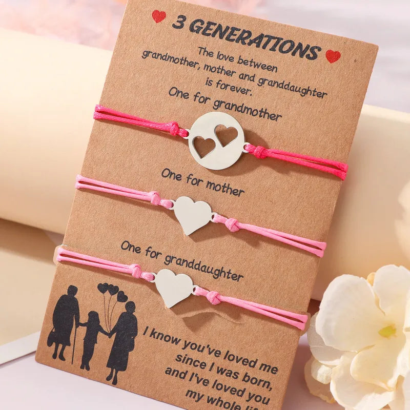 Lot de 3 Bracelets Cordon Réglable avec Carte - Grand-Mère Mère Fille - Famille - Parents Enfant Maman - Pendentif Coeur - Acier Inoxydable