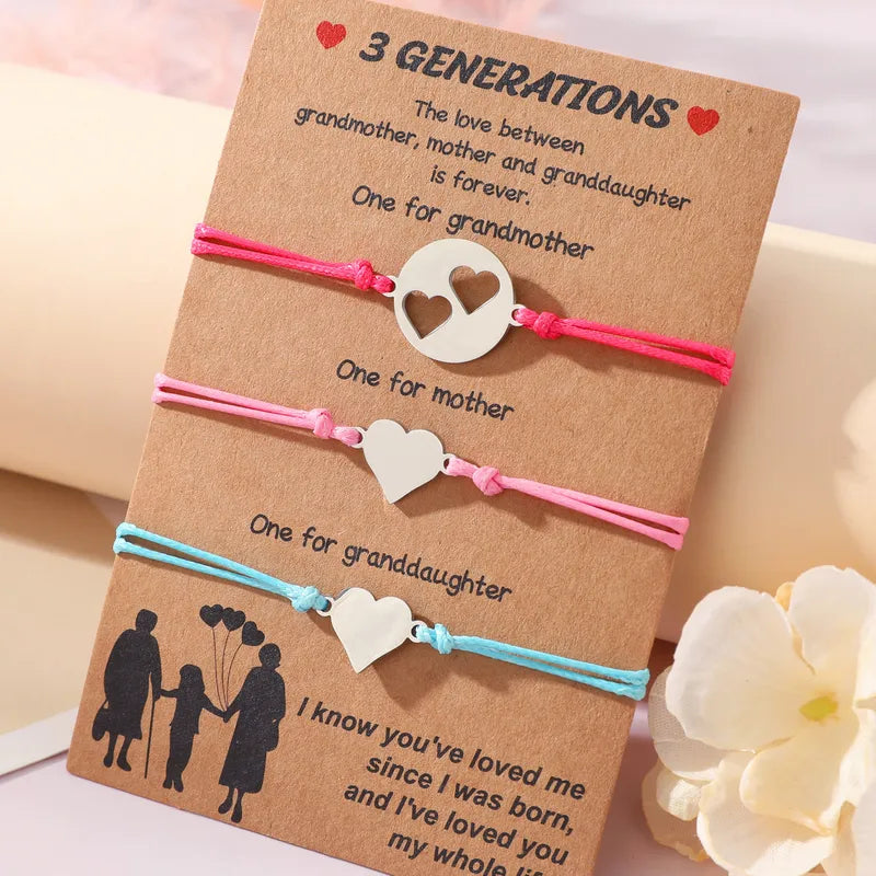 Lot de 3 Bracelets Cordon Réglable avec Carte - Grand-Mère Mère Fille - Famille - Parents Enfant Maman - Pendentif Coeur - Acier Inoxydable