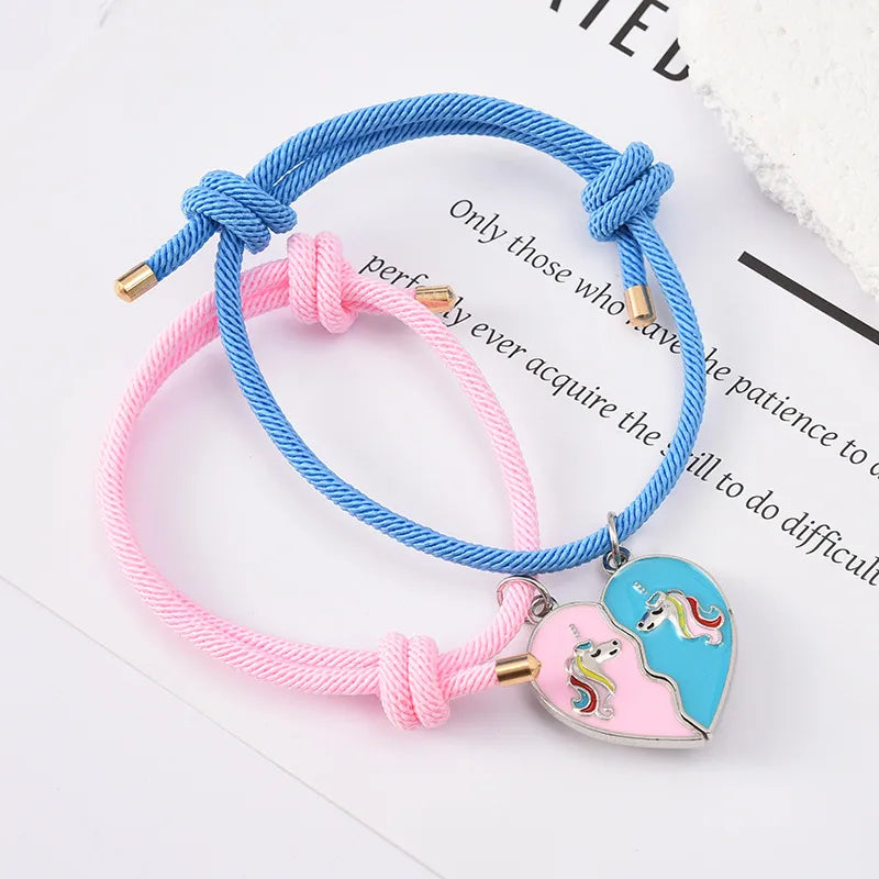 CHILDREN - Set of 2 Heart Friendship Necklace Chains - BFF Best Friends Forever - Fancy Heart Blue Pink Orange Yellow - Magnetic Pendant